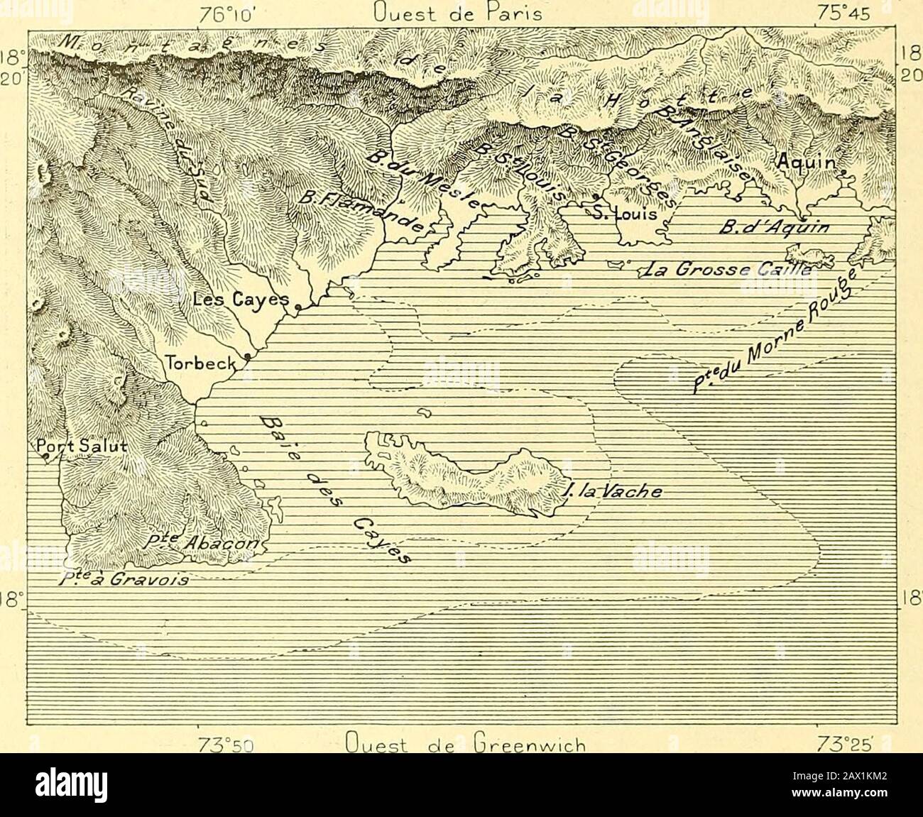 Nouvelle géographie universitaire : la terre et les hommes . ture ». Plusieurs petits villes se pressent au bord des anses ouvers à lextré-mité même de la péninsule : trou-Bonbon; les Abracots, située, dit lalégende, dans le Paradis des Indiens, où les vieillards se faisaient porterpour mourir les jeunes et les grands poursuivants : Dame-Marie, dont le nom, vu à pu altéré, est devenu Dalmarie ; Anse-dHainault ; 1 Moreau de Saint-Méry, ouvrare cité ; —Edgar la Selve, le Pays des Nèdres. 764 NOUVELLE GÉOGRAPHIE UNIVERSELLE. Les Irois, ainsi nommée des « Irlandais » qui sy établirent Banque D'Images