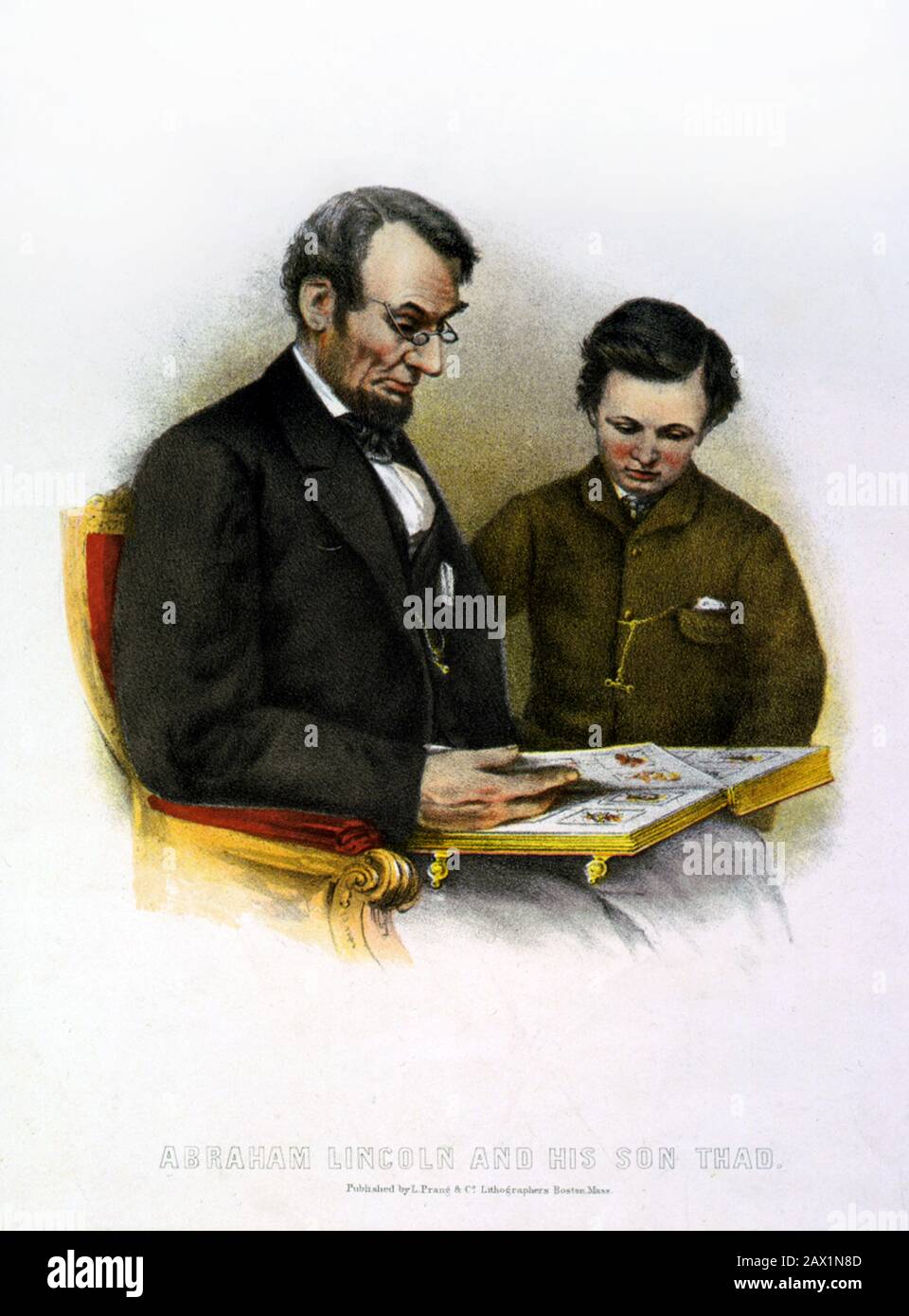 1864 , 9 février , États-Unis : Le président des États-Unis ABRAHAM LINCOLN ( Big South Fork , KY, 1809 - Washington 1865 ) regardant un album photo avec son fils, Tad Lincoln , 9 février 1864. Lithographie d'une photo d'ANTHONY BERGER . Le président Lincoln a visité la Brady Gallery à Washington, D.C., avec son fils Tad, le mardi 9 février 1864. L'un des portraits les plus populaires de Lincoln, c'est le seul gros plan de lui portant des lunettes. Il a été émis en grandes quantités dans de nombreuses variations, avec et sans la permission de Brady. - Presidente della Repubblica - Stati Uniti - Etats-Unis - ritratto - portrait - c Banque D'Images