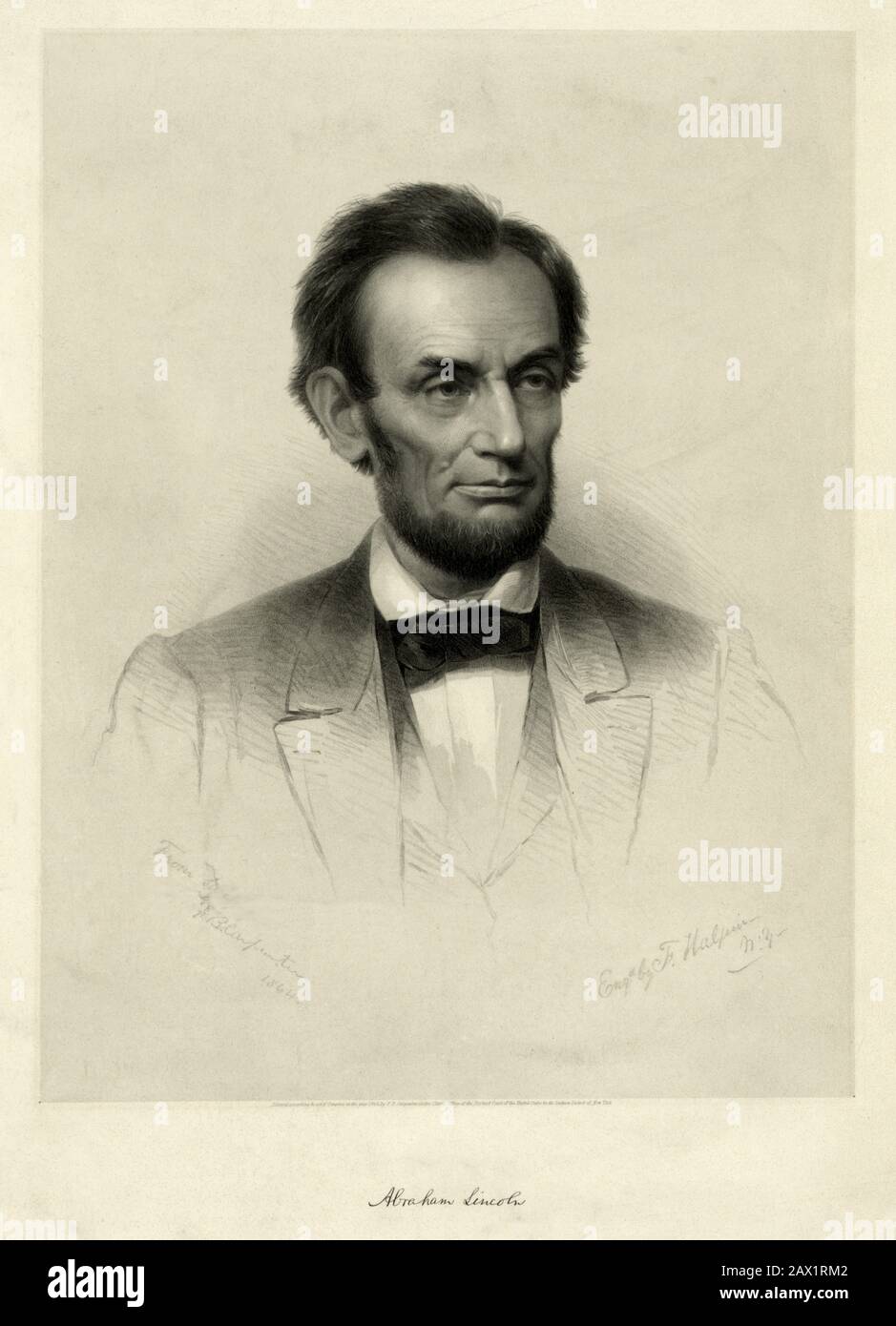 1864 CA , États-Unis : Le président des États-Unis ABRAHAM LINCOLN ( 1809 - 1865 ). Gravure d'une peinture de FRANCIS BICKNELL CARPENTER ( 1830 - 1900 )- Presidente della Repubblica - Stati Uniti - USA - ritratto - portrait - cravatta - tie - papillon - col - coletto - Abramo ---- Archivio GBB Banque D'Images