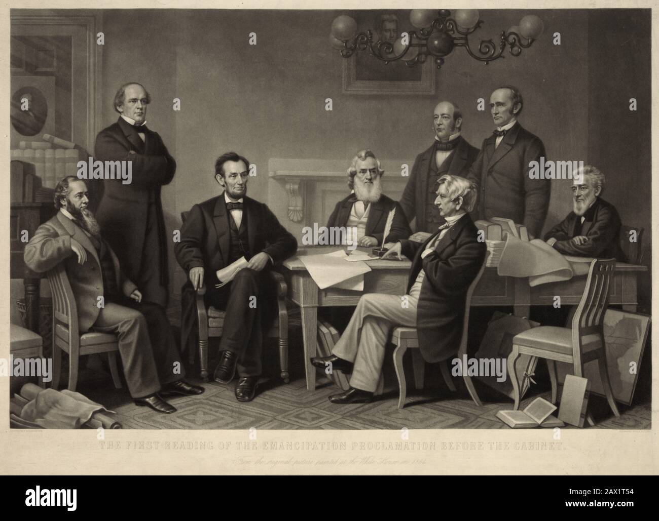 1862 , Etats-Unis : Emancipation des esclaves, proclamée le 22 septembre 1862, par LE président américain ABRAHAM LINCOLN ( 1809 - 1865 ) . L'imprimé montre une reconstitution d'Abraham Lincoln signant la Proclamation d'émancipation le 22 juillet 1862, peinte par Francis B. Carpenter à la Maison Blanche en 1864. De gauche à droite sont représentées : Edwin M. Stanton , Secrétaire de guerre, Salmon P. Chase , Secrétaire au Trésor, Président Lincoln, Gideon Welles , Secrétaire de la Marine, Caleb B. Smith , Secrétaire de l'intérieur, William H. Seward , Secrétaire d'État , Montgomery Blair , Postmaster Genera l, Banque D'Images