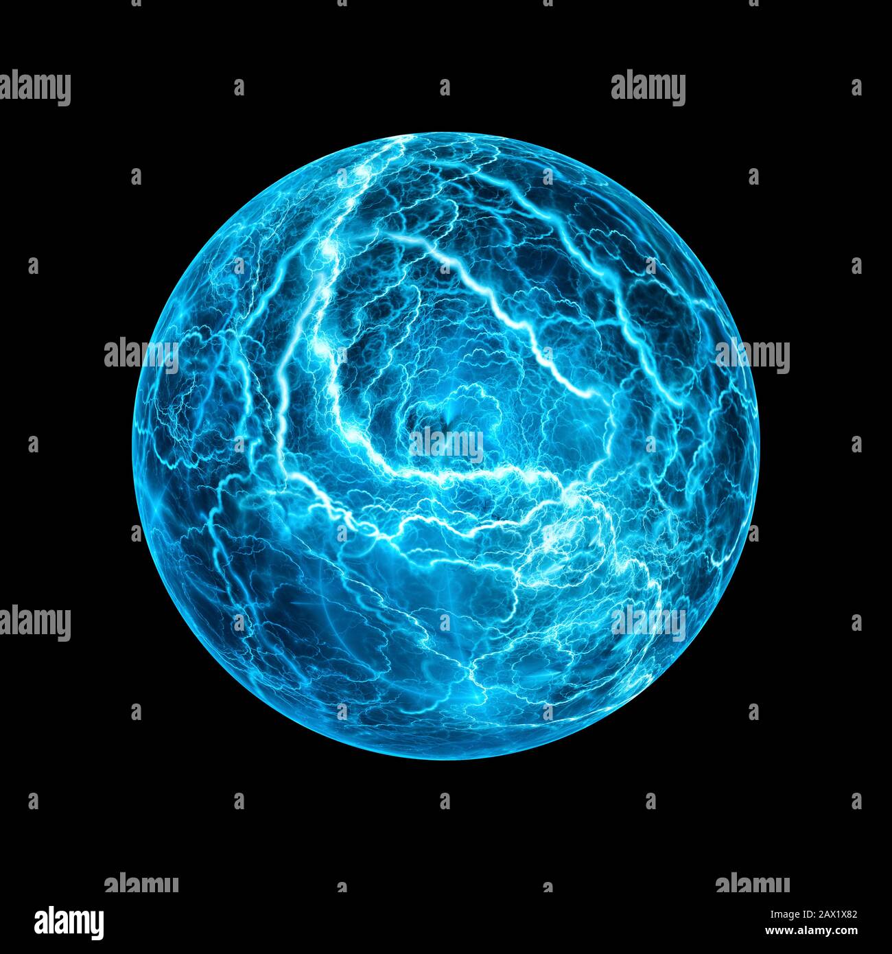Effet éclair boule brillant bleu, fractale abstraite généré par ordinateur, isolé sur le noir, rendu tridimensionnel Banque D'Images