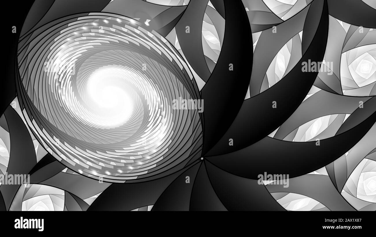Effet noir et blanc de fantaisie de spirales fractales blanchâtre brillant, fractal abstrait généré par ordinateur, rendu tridimensionnel Banque D'Images