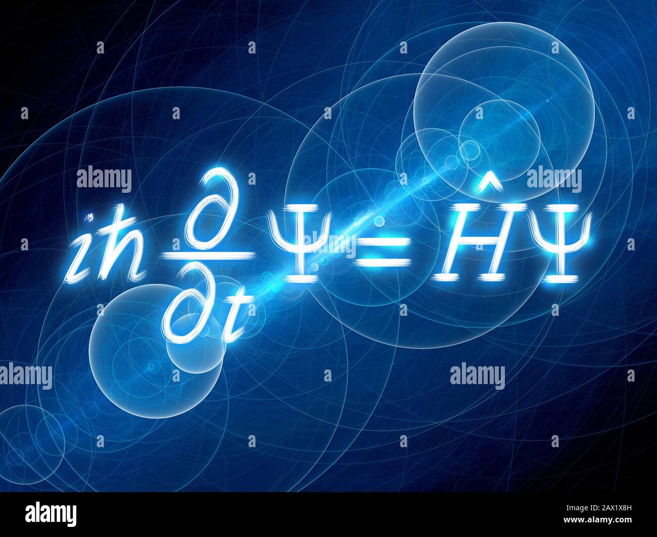 Équation de Schrodinger en fonction du temps de brillant bleu avec fréquences circulaires, arrière-plan abstrait généré par ordinateur, rendu tridimensionnel Banque D'Images