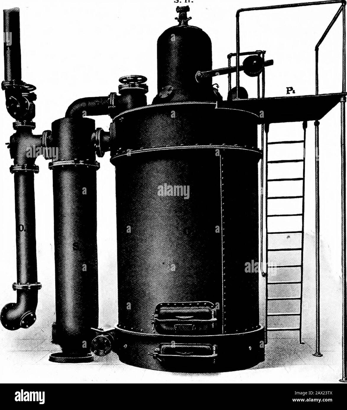 Usines de gaz d'aspiration . Fio. 26.âAnother vue d'Ashpan, montrant le ventilateur pour le démarrage de la plante. Qui est fermé par un joint d'eau. Le gaz est introduit sur le côté de cette partition, passe vers le bas autour de l'andup inférieur de l'autre côté du séparateur. Les particules plus lourdes de poussière, cependant, ne pouvant pas changer leur direction si facilement, continuent leur mouvement vers le bas et sont piégées par le joint d'étanchéité d'eau. Pour les plantes de 50 B.H.P. et vers le haut, le séparateur est alsoarrangé pour agir en tant que surchauffeur. Le gaz passe par le THISLERHER, et est fait pour abandonner une grande proportion de son SUCTI 92 Banque D'Images