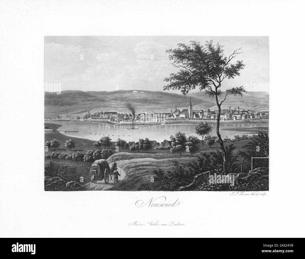 1840 CA : NEUWIED , Rhénanie-Palatinat , ALLEMAGNE : vue sur le Rhin . Gravure du livre ' Andenken an den Rhein : eine Sammlung der schönsten Ansichten des Rheins zwischen Mainz und Cöln ', par Johann Jakob Tanner , pubbloui par Von Zabern, Mainz - GERMANIA - RHEIN - Belle Epoque - FOTO STORICHE - HISTOIRE - GEOGRAFIA - GÉOGRAPHIE - ARCHITECTURE - ARCHITETTURA - FOTO STORICA - fiume - barca - barche - bateau - vaporetto - nef a vapore - PANORAMA - Renania-Palatinato - incisione - illustazione -- -- Archivio GBB Banque D'Images