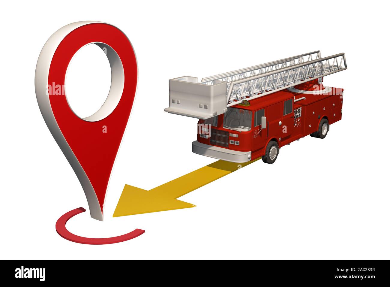 le camion de pompiers se déplace pour cartographier le marqueur. rendu tridimensionnel Banque D'Images
