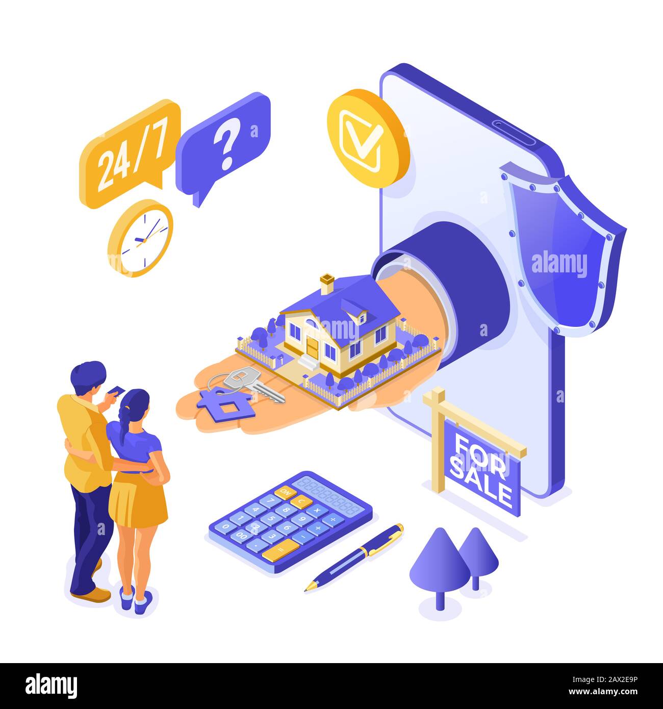 Vente En Ligne Louer Maison D'Hypothèques Isométrique Illustration de Vecteur