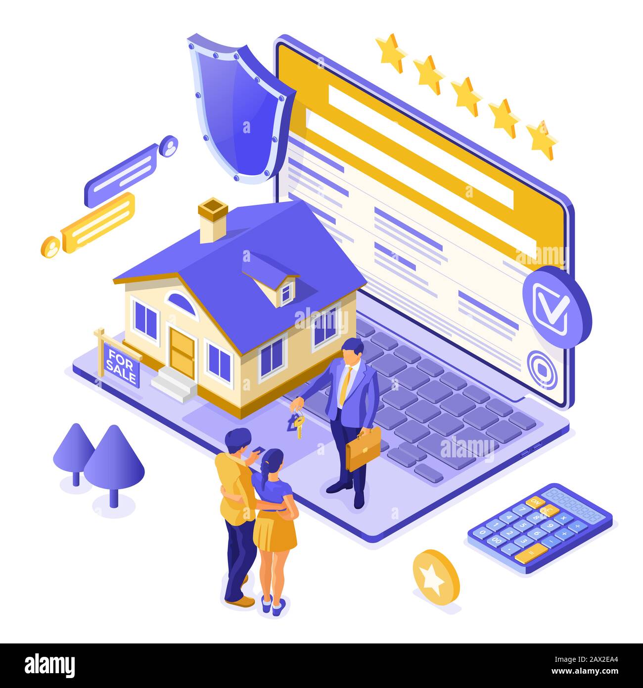 Vente En Ligne Louer Maison D'Hypothèques Isométrique Illustration de Vecteur