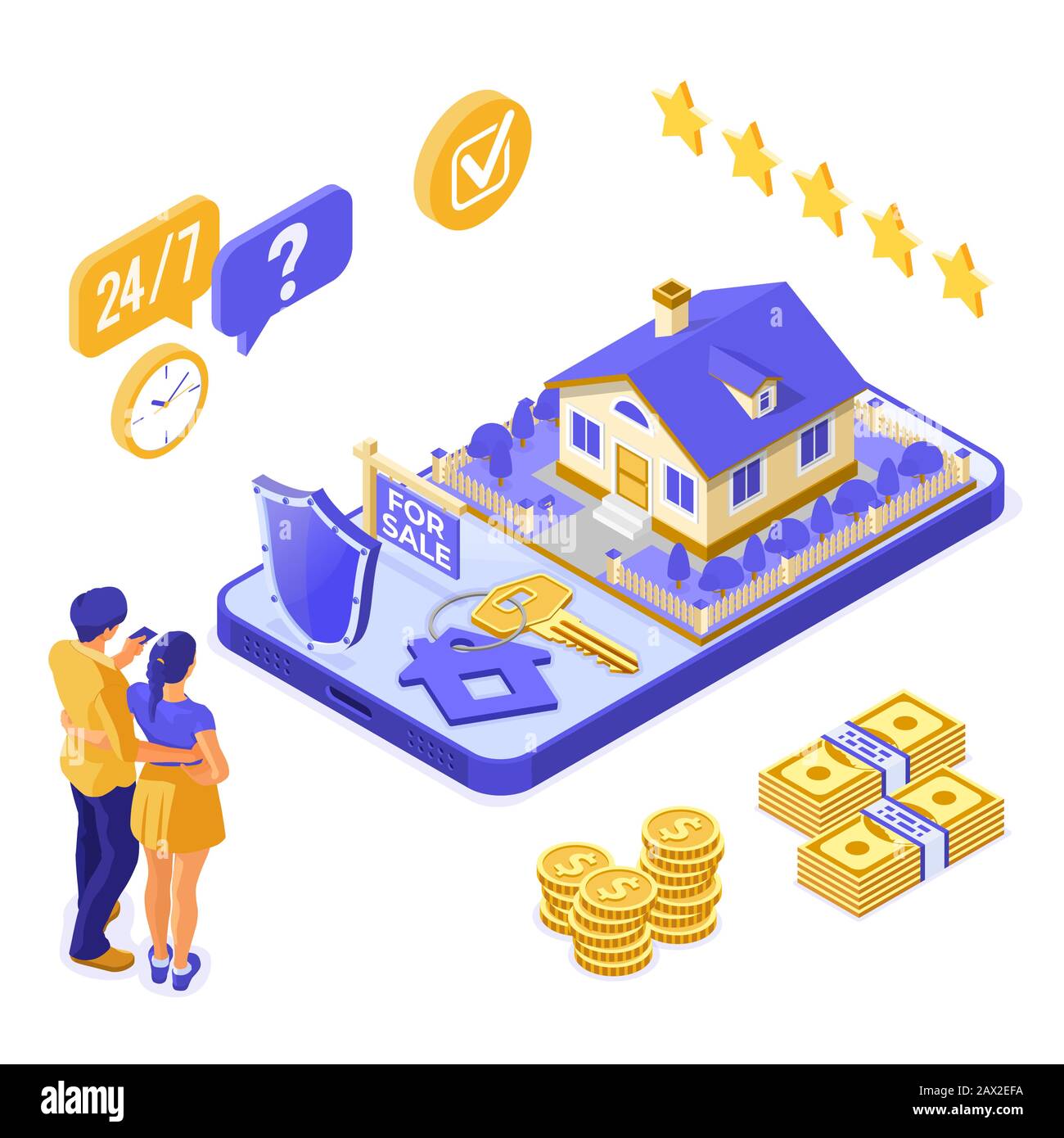 Vente En Ligne Louer Maison D'Hypothèques Isométrique Illustration de Vecteur