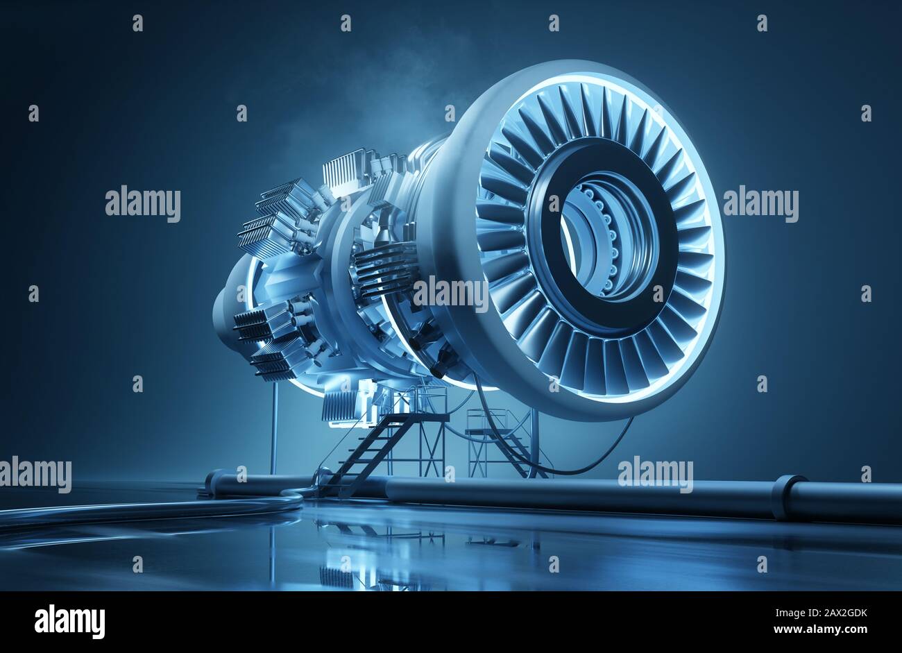 Un concept futuriste d'ingénierie et de fabrication avec un jet suspendu enging en cours de construction. Illustration tridimensionnelle. Banque D'Images