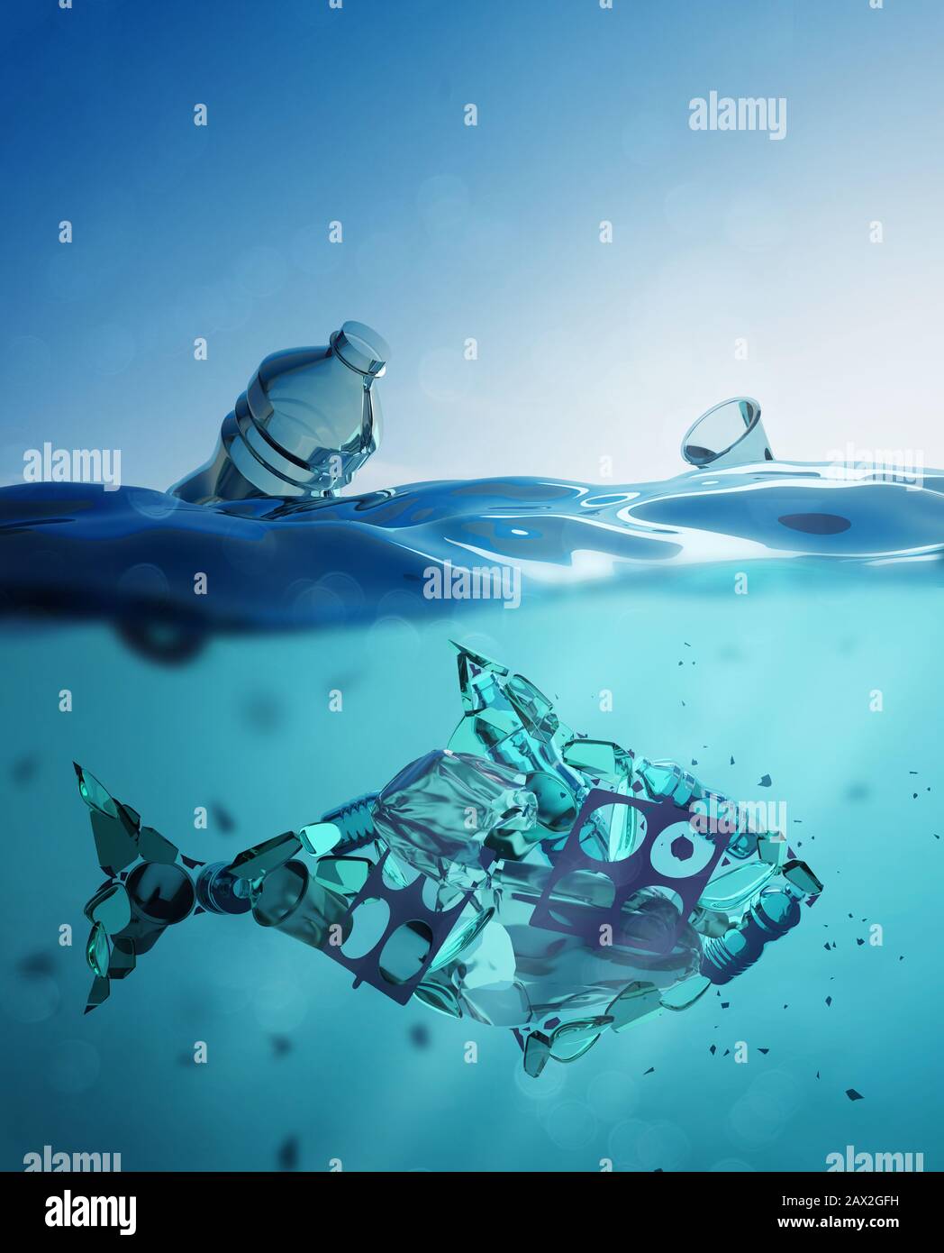 Concept de pollution de l'océan - forme de poisson composée de microplastiques, de sacs en plastique et de déchets dans l'océan ouvert. Illustration tridimensionnelle. Banque D'Images