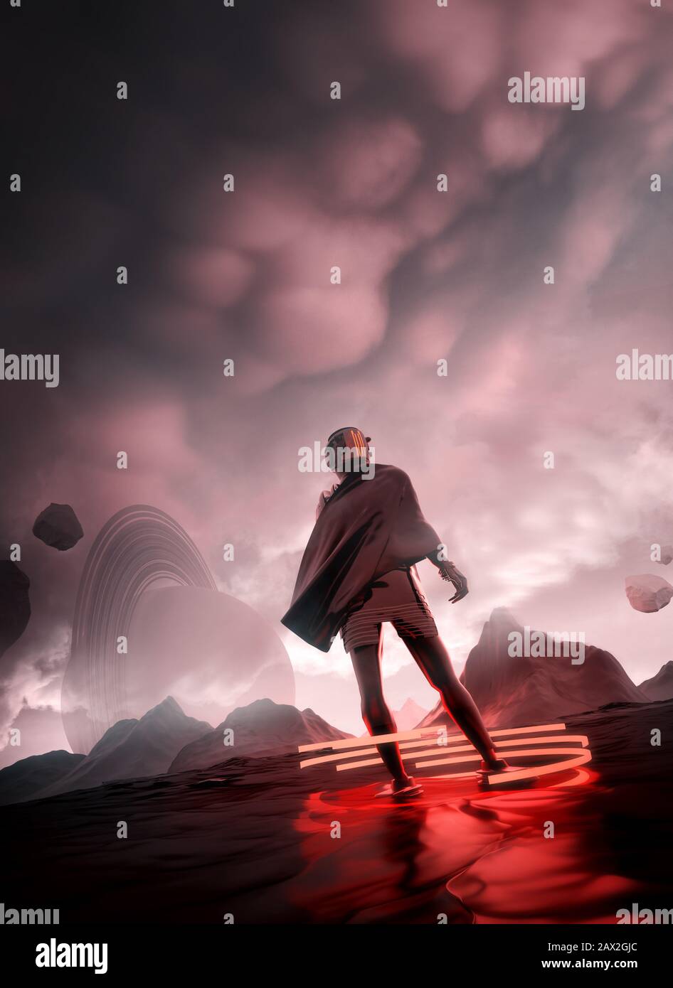 Fantasy spaceman pour une mission explorant une nouvelle planète trouvée. Portrait futuriste Banque D'Images