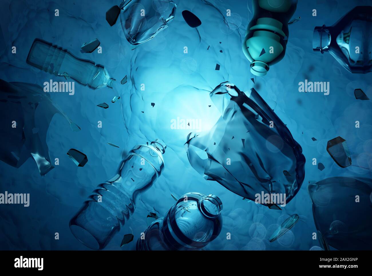 Déchets humains en matières plastiques, y compris sacs en matières plastiques flottant dans l'océan. Illustration tridimensionnelle de la pollution de l'eau. Banque D'Images