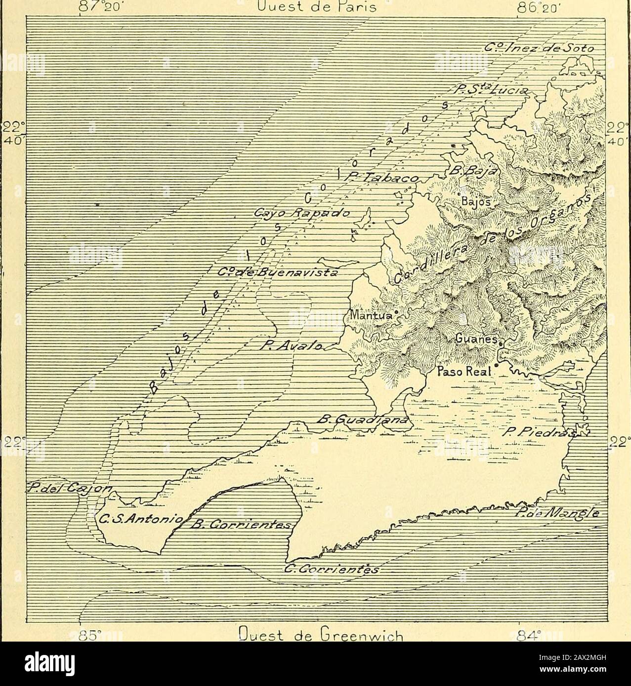 Nouvelle géographique universitaire : la terre et les hommes . nous les parages où leau, relativement tranquilille, nid pas incessammentrenouvée par des courants balayeurs. Ainsi les récifs sont peu nombreuxsur la partie de la côte que le canal du vent baigne de ses eaux profondes,entre le cap Maisi et le cap de Cruz ; Ils manquent égaliement vers le milieude la rive droite, là où vient aboutir la fosse profonde du Yucatan, etoù les eaux dun courant latéral tournoyant en longs remous ; il ne sen estpas formé non plus vers la pointe occidentale, dans cette ligne iebaderientes, en ligne « Banque D'Images