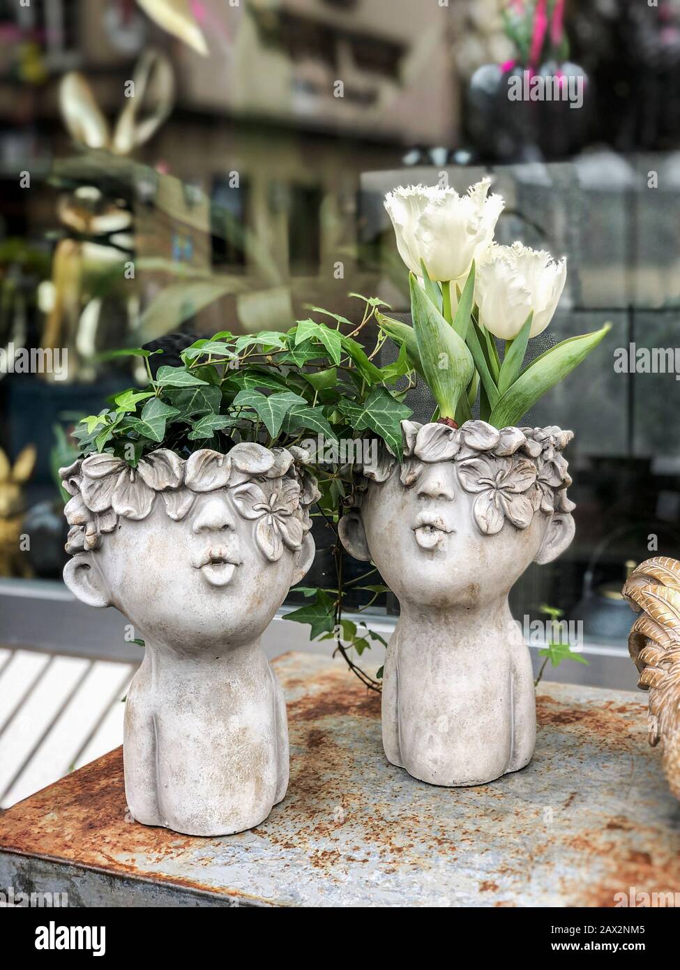 Marrant pots de fleurs de gypse en forme de têtes avec la croissance comme des cheveux plantes de serre et des fleurs, décor à la maison. Concert de printemps Banque D'Images