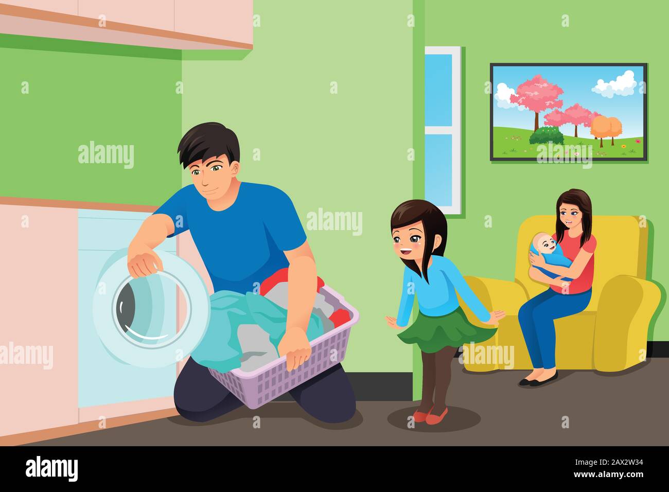Illustration vectorielle du Père Faisant la lessive Pendant que la mère et les enfants dans le salon Illustration de Vecteur