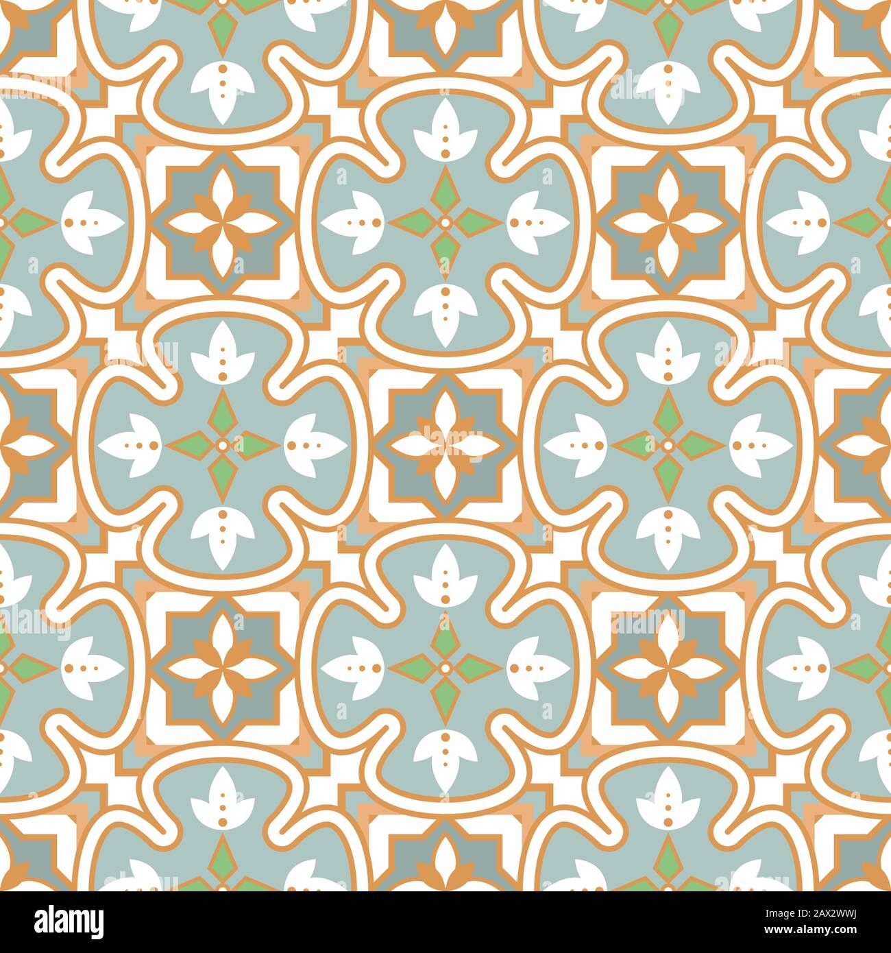 Motif bleu et vert carreaux portugais sans couture. Les carreaux de céramique méditerranéenne sont aux couleurs or bleu pastel. Illustration de Vecteur