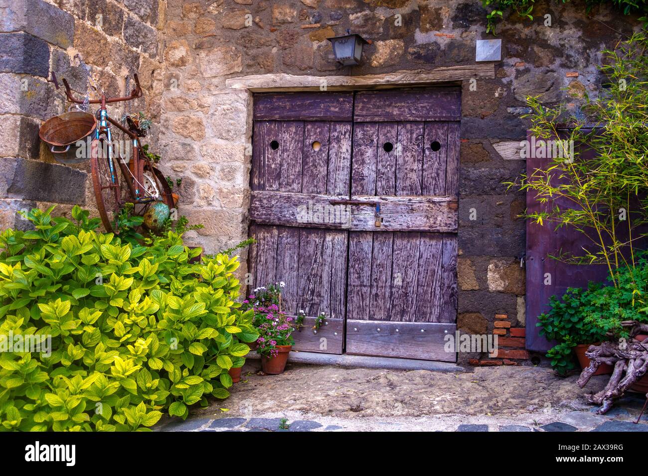 Joli cadre à Bolsena très vieux vélo rouillé accroché Mur à côté d'une ancienne porte boisée Italie Banque D'Images