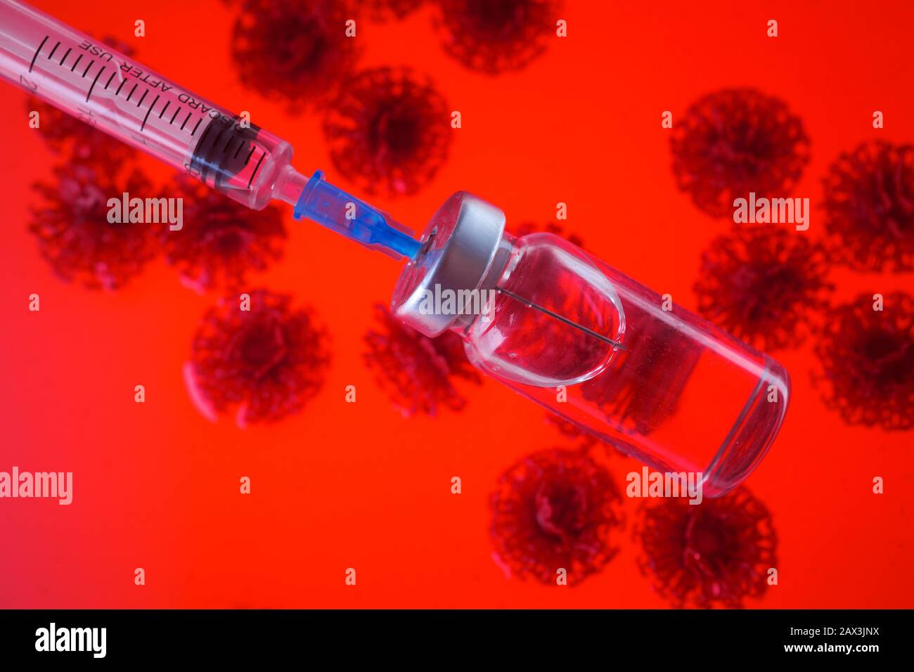 Concept de vaccin contre le virus Corona avec seringue et antécédents de virus. Concept vaccinal de lutte contre le coronavirus. Banque D'Images