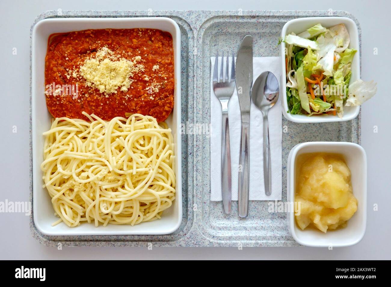 Repas prêt, déjeuner déficient à l'hôpital, spaghetti avec sauce bolognaise, parmesan, salade mixte, pommes compotées, Allemagne Banque D'Images