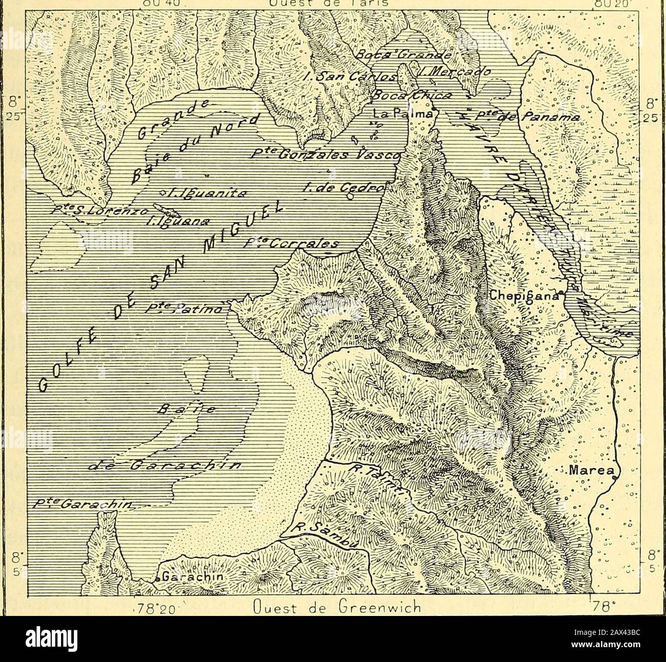 Nouvelle géographie universitaire : la terre et les hommes . en 1505, visita ces parages, que la baie del« Amiral » a reçu son nom: De même île, coline boisée, qui prolongela côte ferme entre la « Bouche du Dragon » et la « Bouche du Taureau », la couche isla Colon, et une autre terre dans l'intérieur de la baie est diteisla Crislôbal. La baie de lAmiral est un ensemble de ports, commune 1 Armand Reclus, Société de géographie commerciale de Paris, 28 janvier 1870. 2 V. Celler; Lucien Wyse, le canal de Panama. 3 J. Flachat, Etude du bassin dw Darien, au point de vue de la communication interocé Banque D'Images