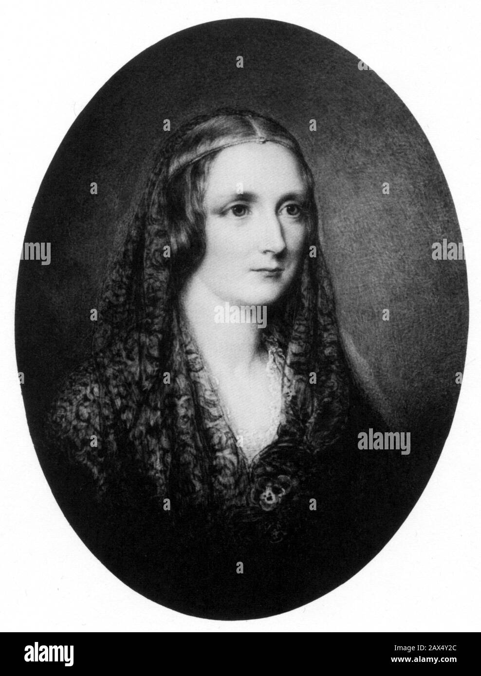 La femme anglaise Mary SHELLEY ( née Mary Wollstonecraft Godwin , 1797 - 1851 ) , épouse du célèbre poète Percy Byshe SHELLEY ( 1792 - 1822 ) et auteur du livre ' FRANKENSTEIN ' ( 1818 ). Portrait miniature par Reginald Easton - HORREUR - ORRORE - LETTERATURA - LITTÉRATURE - SCRITTRICE - SCRITTORE - POETA - POESIA - POÉSIE - ritratto - pizzo - dentelle - miniatura - romanticisme - romantitisme --- Archivio GBB Banque D'Images