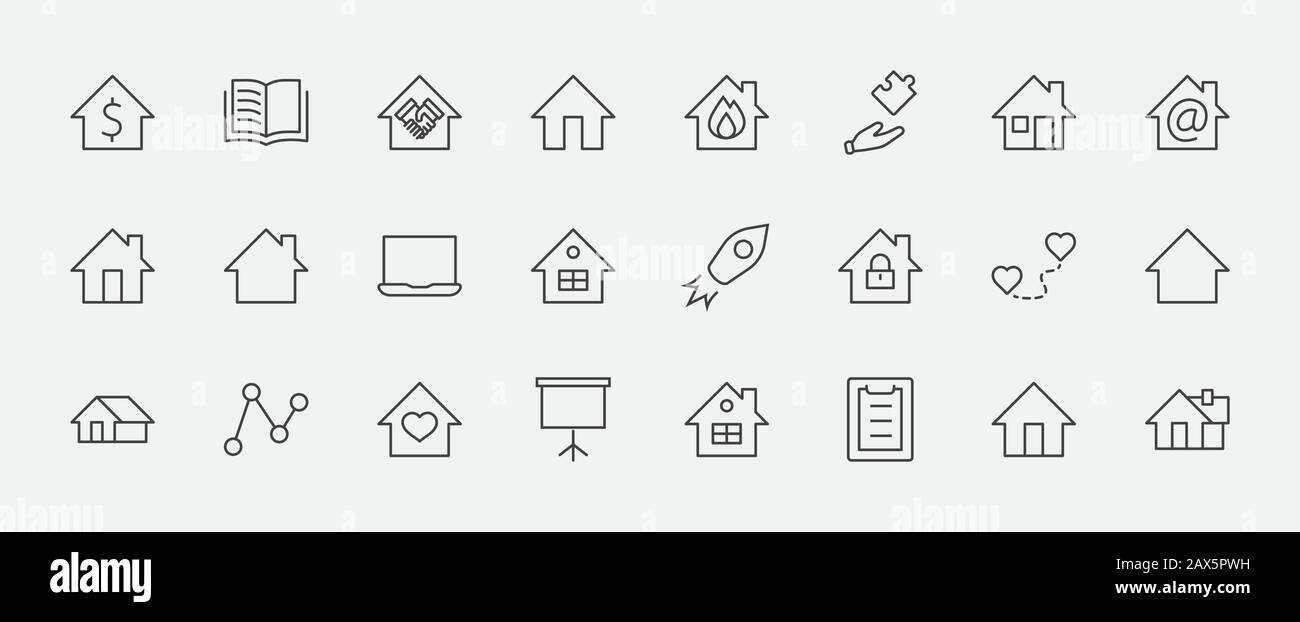 Ensemble D'Icônes De Ligne D'Accueil Vecteur De Maison. Contient des symboles de Conclusion de contrat, coeur, goutte d'eau, feu, argent et plus encore. Contour Modifiable. 32 x 32 pi Illustration de Vecteur