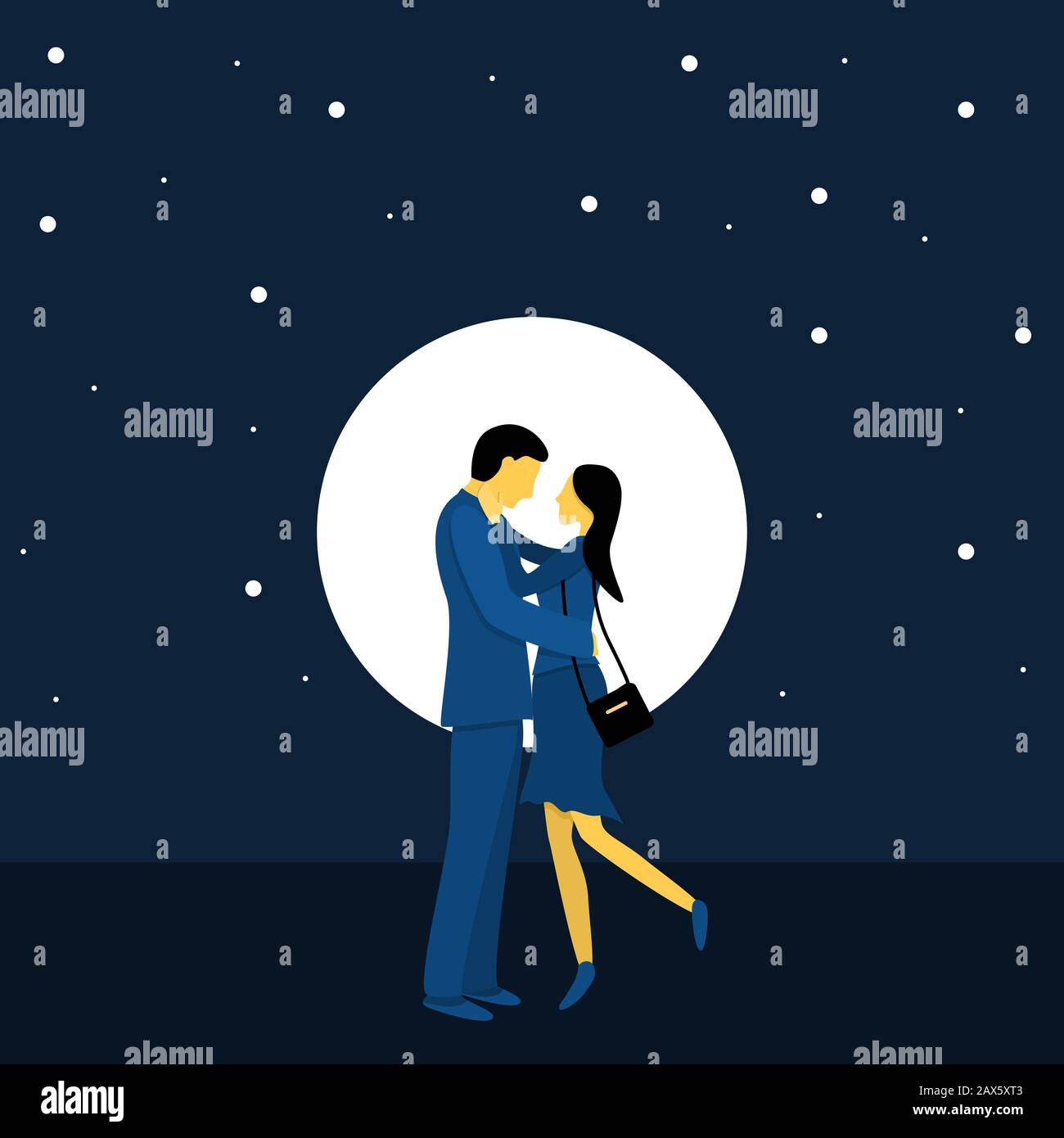 Un couple d'adorables amoureux sur un fond du ciel de nuit avec la lune. Illustration vectorielle plate dans des couleurs tendance. Illustration de Vecteur