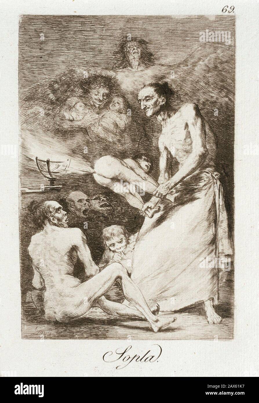 'Blow ; Anglais : Espagne, 1799 TITRE ALTERNATIF : Sopla Los Caprichos Portefeuille : plaque : 69 gravures, estampes ; gravure aquatinte, pointe sèche et burin plaque : 8 1/4 x 5 15/16 in. (20.96 x 15.08 cm) ; Matt 19 x 14 in. (48.26 x 35.56cm) Paul Rodman Mabury Trust Fund (63.11.69) Estampes et dessins ; 1799QS date:P571, +1799-00-00T00:00:00Z/9 ; ' Banque D'Images