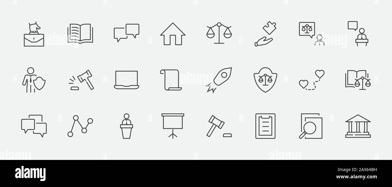 Ensemble de lois et de justice - icônes de lignes vectorielles. Contient des icônes telles que l'arme, l'arrestation, l'autorité, le palais de justice, le gavel, le droit, l'arme et plus encore. Contour modifiable Illustration de Vecteur