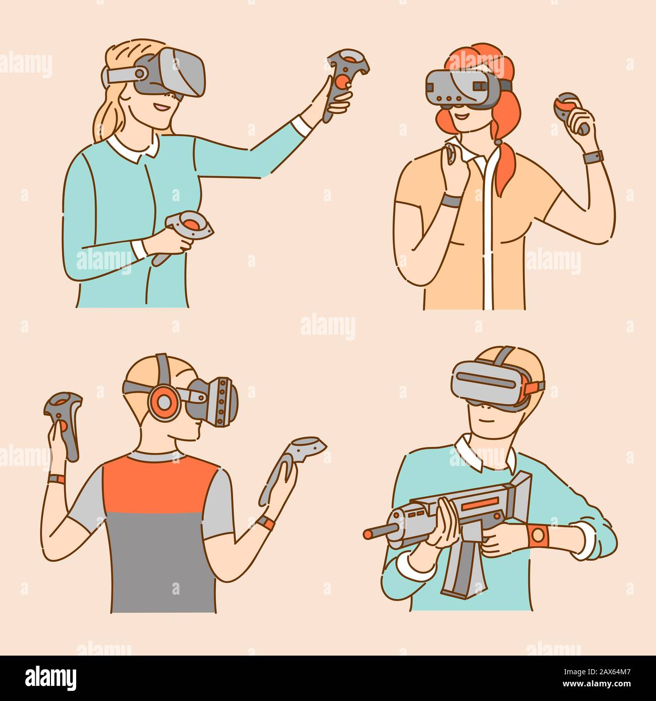 Les personnes qui jouent à des jeux VR sont des illustrations plates. Les jeunes femmes et les jeunes hommes portent un casque de réalité virtuelle avec des contrôleurs sans fil. Joueurs, les joueurs bénéficient de personnages isolés de caricature vidéogame avec contour Illustration de Vecteur