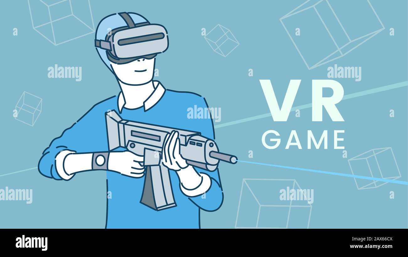 Modèle de bannière vectorielle plate de jeu VR. Réalité virtuelle divertissement, simulateur, jeu cyberespace illustration de lineart. Gamer dans le casque avec arme jouant VR jeu jeu dessin personnage de dessin animé sur bleu Illustration de Vecteur