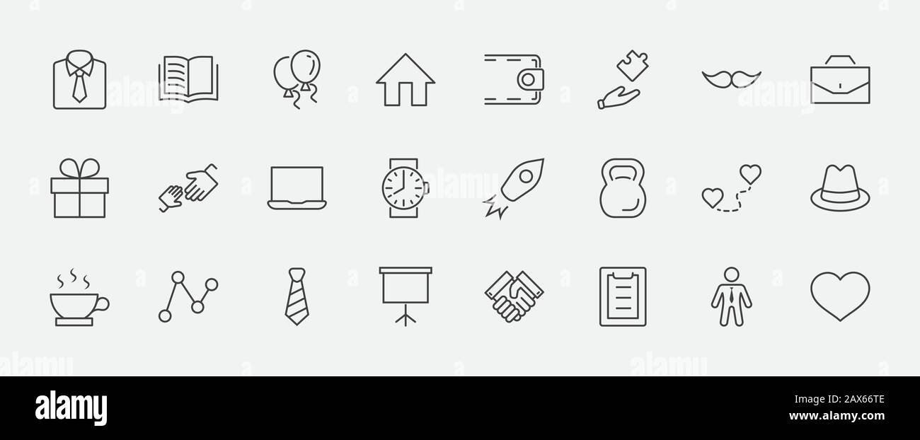 Icônes Vectorielles De L'Ensemble De Lignes De La Journée Du Père. Contient des icônes telles que la moustache, la cravate, la chemise, la poignée de main, le diplomate, le chapeau, le café, le sac à main, le cadeau, le portefeuille et plus encore. Ed Illustration de Vecteur