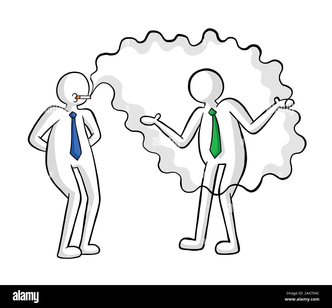 L'homme d'affaires fume et son collègue est une illustration vectorielle perturbée. Contours noirs et fond blanc coloré. Illustration de Vecteur