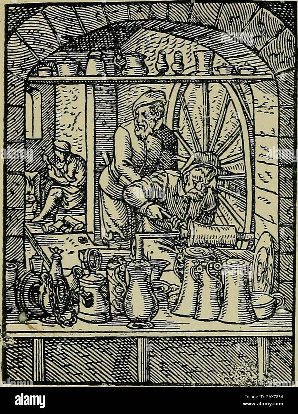 Nuremberg et son art à la fin du XVIIIe siècle. . oldsmiths sont nommés dans les registres de décès de Nuremberg. Beaucoup de thèmes nous sont connus non seulement par les théirnoms, mais aussi par les œuvres, le marksestampillé sur les pièces d'ameublement des motifs pour les attributions. Seul un nom est mentionné, cependant, si c'est la perfection la plus élevée, non pas de Nuremberg goldsmithing seulement, mais de tous Germangoldsmithing, qui doit être discuté. Ce nom est celui de Wenzel Jamnitzer^la Cellini allemande. Né à Vienne, probablement en 1508, il déménagea en 1534 à Nuremberg, avec ses parents et son frère Albrecht, qui agissait comme Banque D'Images