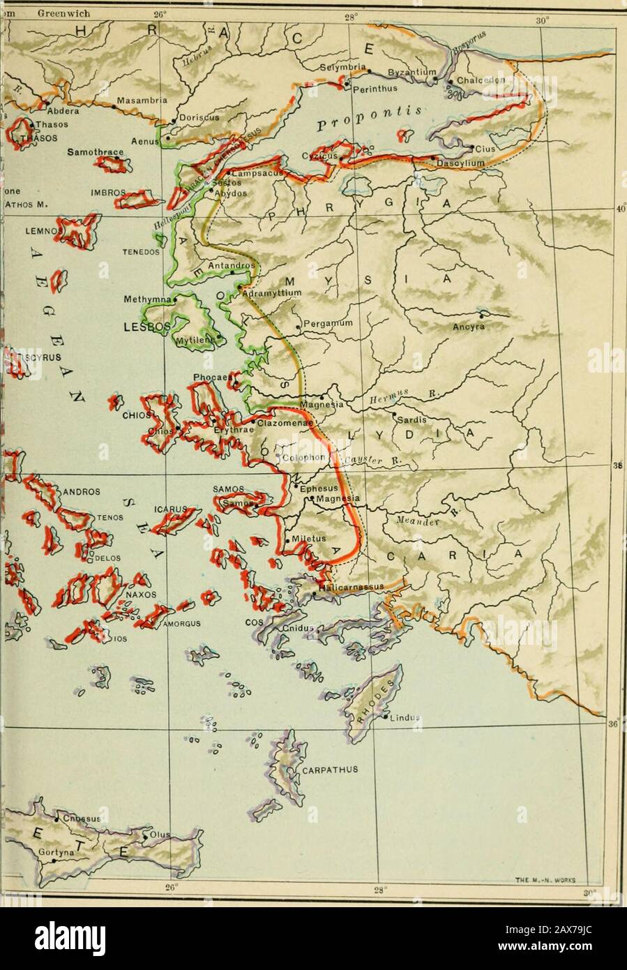 Une histoire du monde antique, pour les écoles secondaires et les académies . La campagne du Marathon 111) les Grecs de la péninsule pour leur ingérence, tandis que Darius AttackGreece. Sparta et Athènes, avec une audace née plutôt que de l'igno- ?^^^^^^^^^ ranee et l'assurance que de la connaissance réelle, attendaient la theAttack. La première expédition commandée par Mardoni-US, le gendre des rois, était composée d'une armée terrestre et d'un afleet. Il a commencé vers le sud à partir du possessionson persan le nord ^Egean à travers la Macédoine en 492 Colombie-Britannique la flotte de Butthe a été naufragée au large de Mt. Athos et l'expe-dition sont retournés en disgrâce. Une deuxième atta Banque D'Images