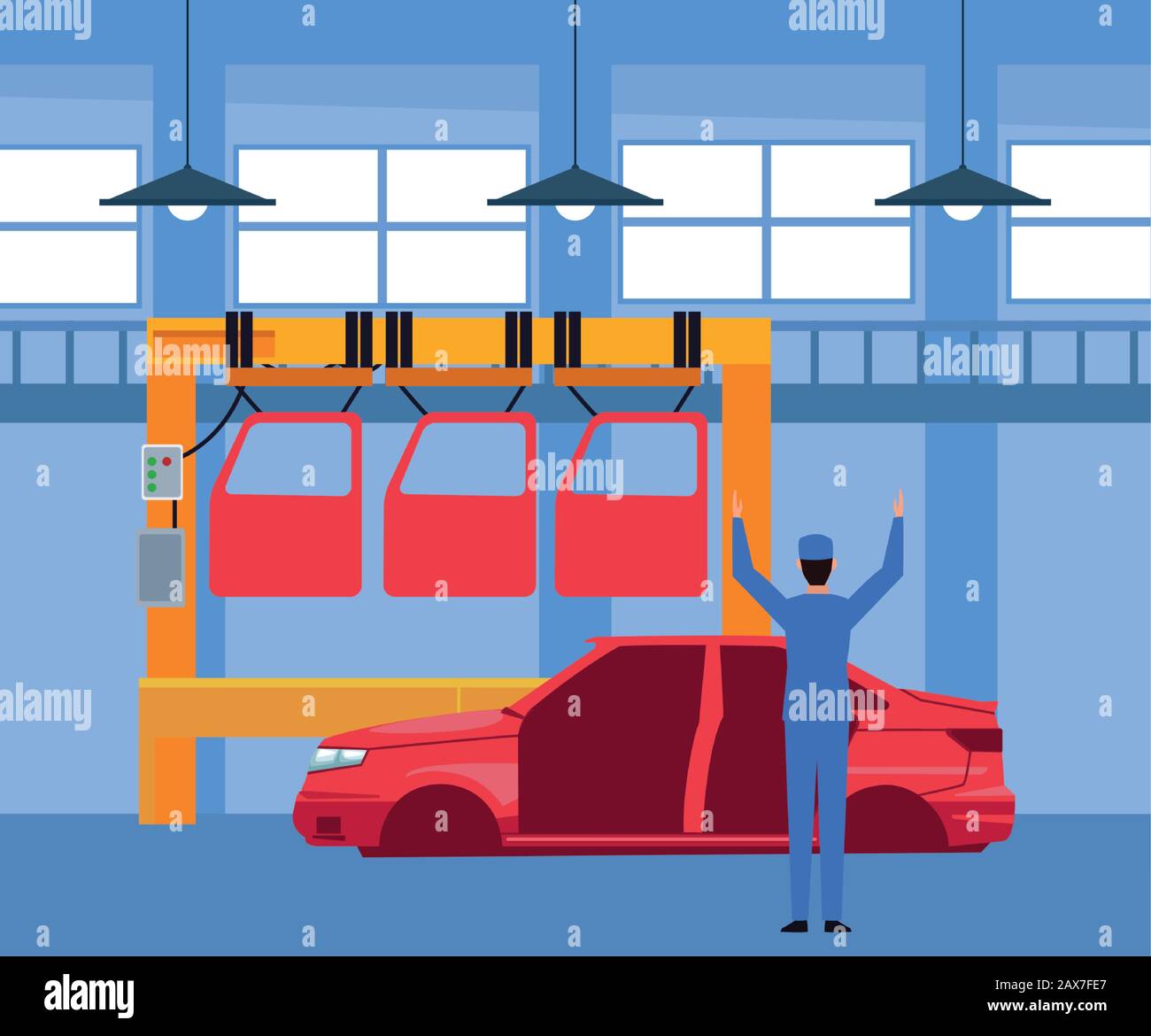 atelier de réparation de voiture avec machine avec portes de voiture et carrosserie de voiture et mécanique debout Illustration de Vecteur