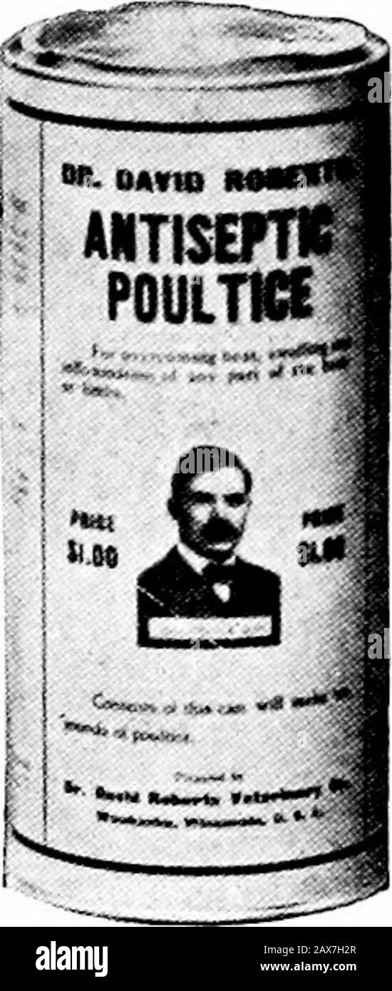 Vétérinaire pratique de DrDavid Roberts . Prix $1.00 Un remède Inestimable pour mange Aussi un excellent tonique et guérisseur de peau pour les maladies de la peau de toute nature, telles Que Le Sorcière, Eczema, Érythème, Scab, Ringvyorm, Dandruff et Scurf. Il empêche également la propagation des maladies De La Peau, qui est souvent attraper, telles asmange. 148 DR. David ROBERTS Antique Poultice contenu de ceci Peut faire dix livres de poultice. PRIX $1.00 UN POULTICE ANTISEPTIQUE ABSOLUMENT FIABLE. INVALUABLEIN SURMONTER la chaleur, l'enflure et l'inflammation de toute partie du corps ou limbsof du stock vivant, ET DEVRAIT ÊTRE UTILISÉ POUR POUL Banque D'Images