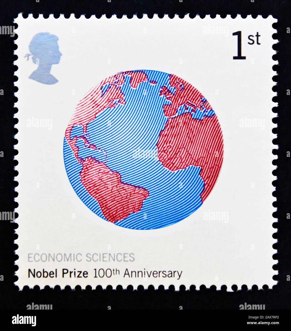 Timbre-poste. Grande-Bretagne. La reine Elizabeth II Centenaire Des Prix Nobel. Globe (Sciences Économiques). 1ère. 2001. Banque D'Images