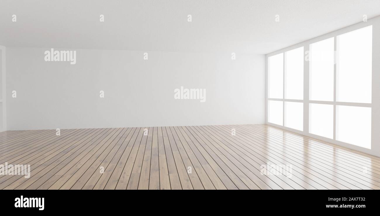 L'architecture de la grande salle blanche et lumineuse rend l'illustration tridimensionnelle avec un plancher en bois brillant et des murs blancs texturés jour lumière haute clé éclairage Banque D'Images
