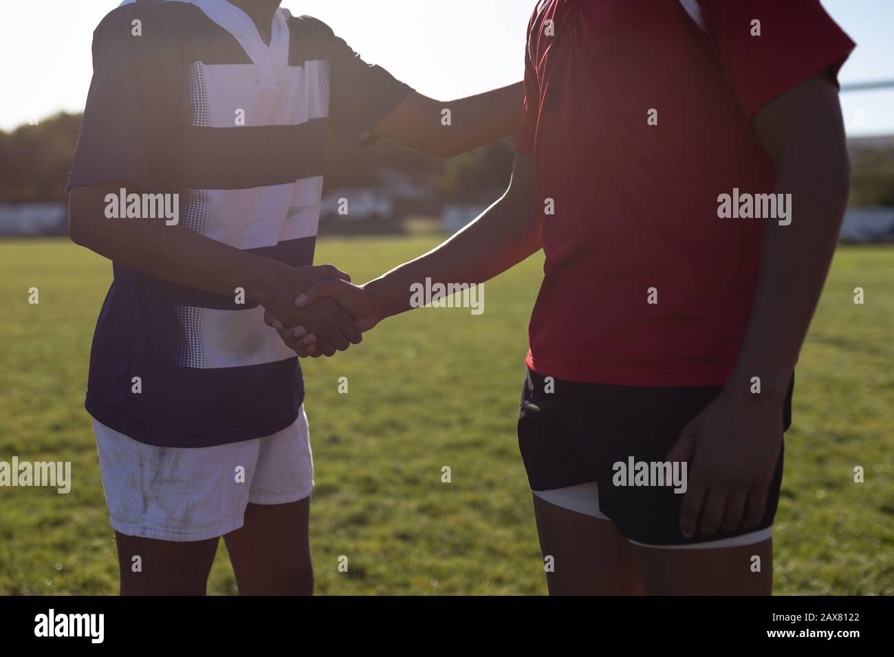 Les joueurs de rugby se secouent les mains Banque D'Images