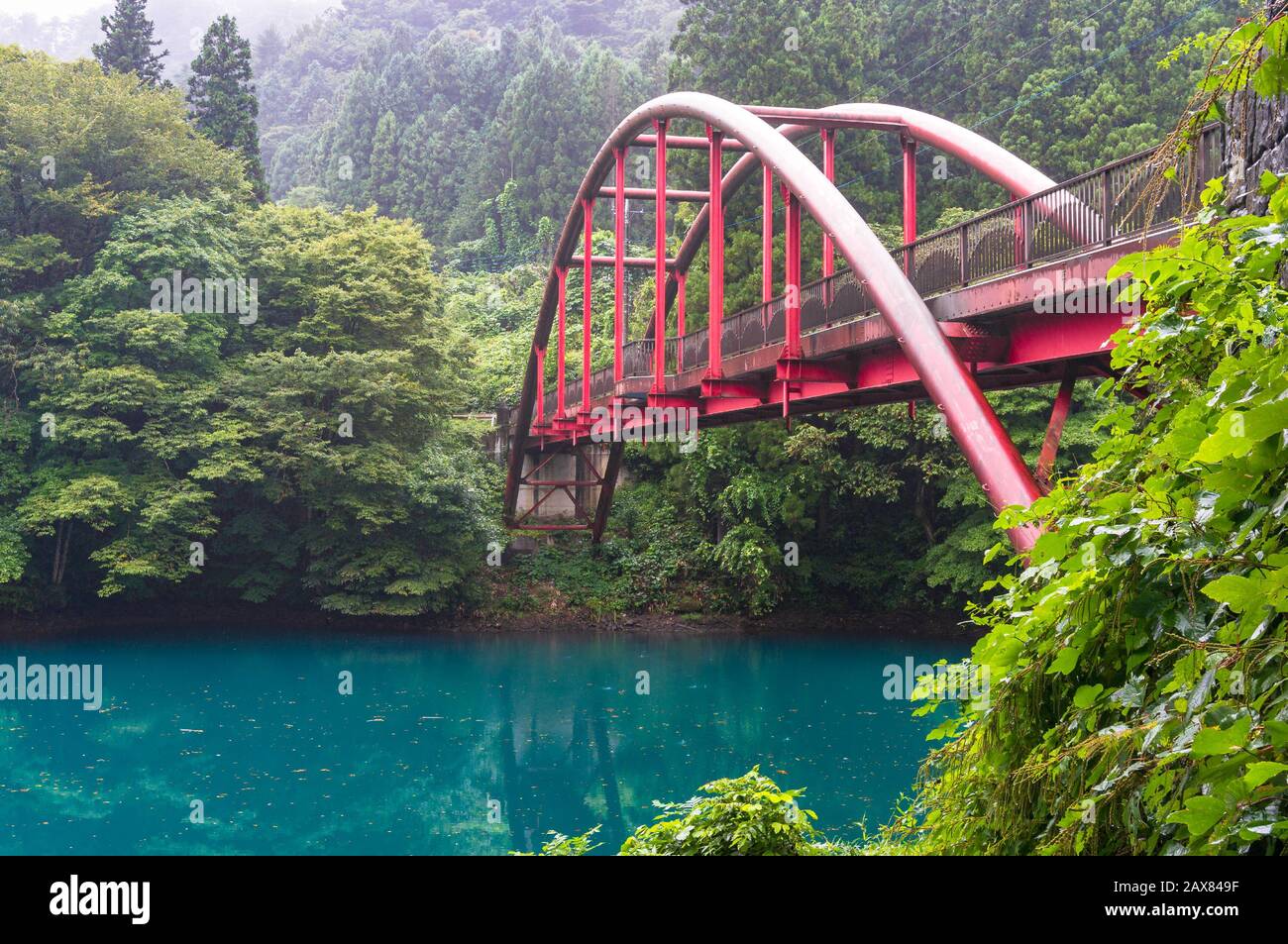 Eau turquoise bleue du lac forestier avec pont d'arche rouge paysage. Vue sur la campagne japonaise. Shima, Préfecture De Gunma, Japon Banque D'Images