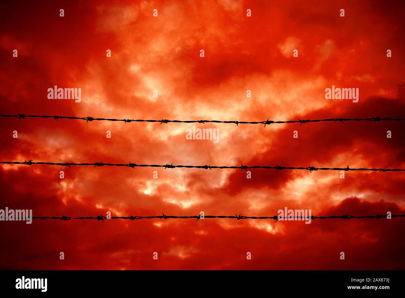 spectaculaire ciel rouge et fil barbelé, concept de camps d'emprisonnement et de concentration Banque D'Images