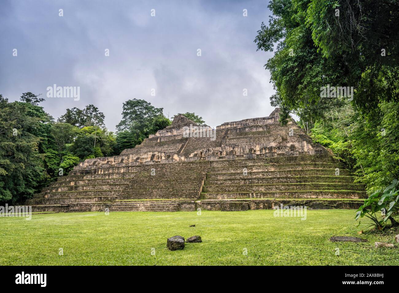 Pyramide Caana à la Plaza B, forêt tropicale, à Caracol, ruines mayas, plateau Chiquibul, district de Cayo, Belize, Amérique centrale Banque D'Images