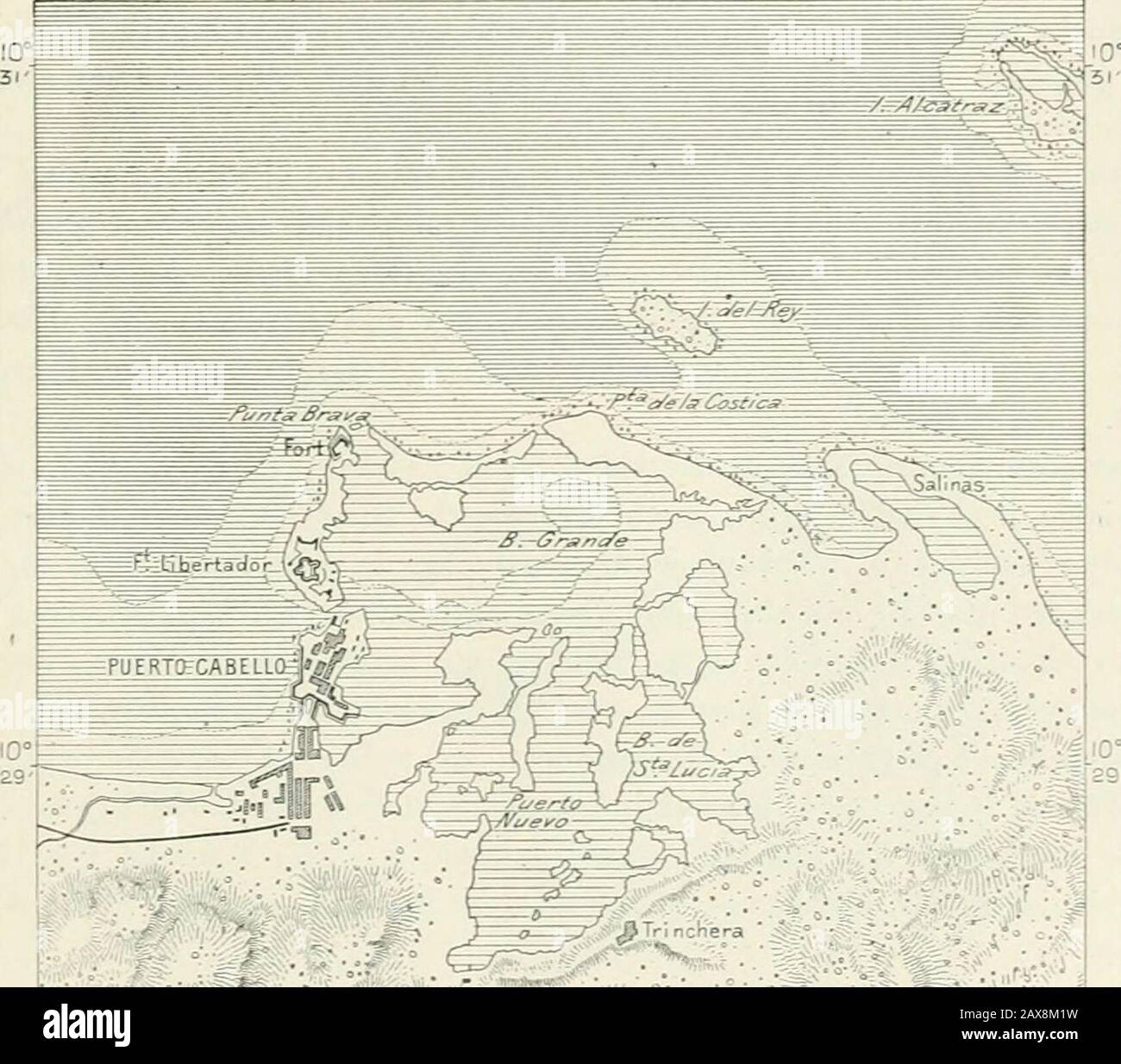 La terre et ses habitants .. . 68 iO- W. F G^een//CH OtoloOFathoms. Profondeurs. E3 10 Fathomsand vers le haut. 6 iriles. A mi-chemin entre Valence et son port maritime, Puerto Ciihello, sont situés les célèbres sources thermales de Tiineherns, qui sont parmi les plus chaudes dans le theworld. Selon les années et les saisons, la température varie de 196°à 206°Fahr., à la tête de l'Agua Caliente, à travers laquelle ces Puerto CABELLO ébullition. 115 les eaux s'écoulent vers la côte à El Palito, un peu à l'ouest de Puerto Cabello. Thisseaport est relié à Valence par un chemin de fer, qui à son point le plus élevé atai Banque D'Images