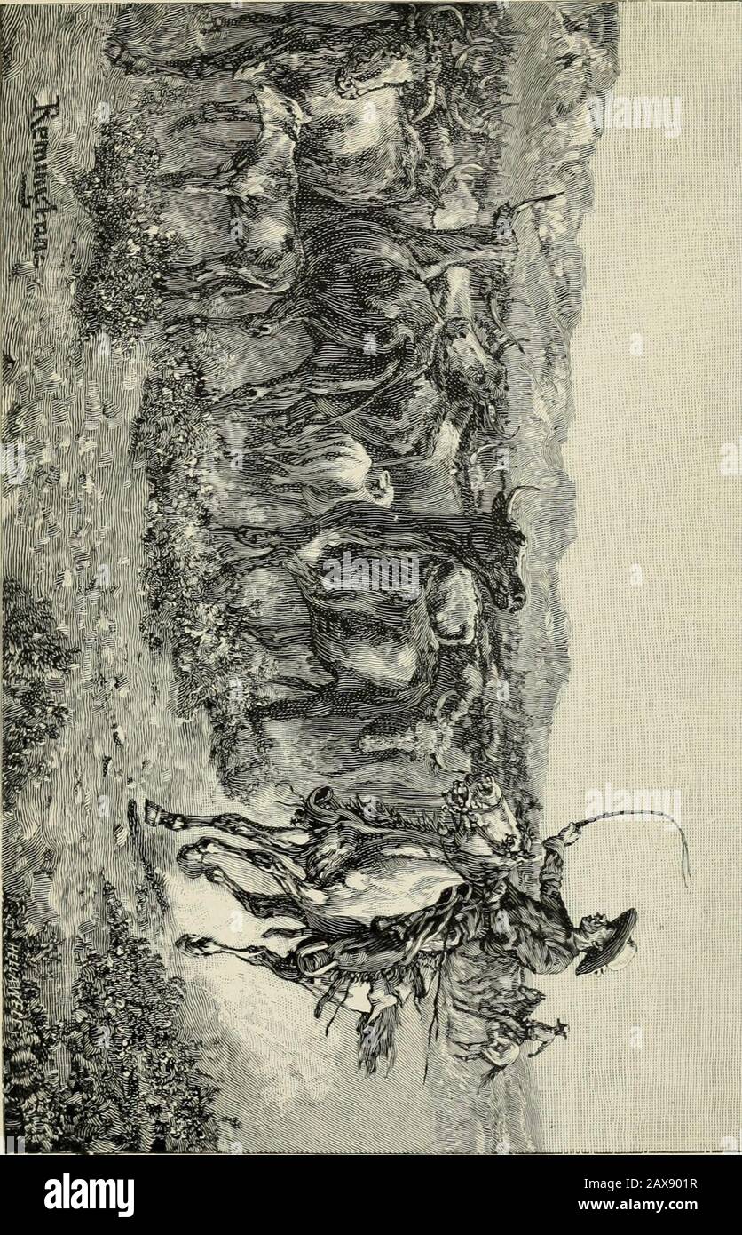 Histoires de l'Ouest . s se dévalant à un traut à travers un passage parmi les buttes—^thesaddle-bandes étant conduit à un paceto intelligent d'un côté ou derrière, les teamsters grègnent leurs fouets et les équestres qui appellent et crient à mesure qu'ils passent rapidement de côté à côté derrière les chevaux, exhortant les straggeurs à toucher les extrémités nouées des laisons longs qui sont laissés à la traîne de la triste réunion. Le pays conduit est un andit très rugueux est souvent nécessaire pour doubler les équipes et pucher huit chevaux à chaque wagon en allant vers le haut de terrain exceptionnellement raide ou en train de passer par un profond boue-h Banque D'Images