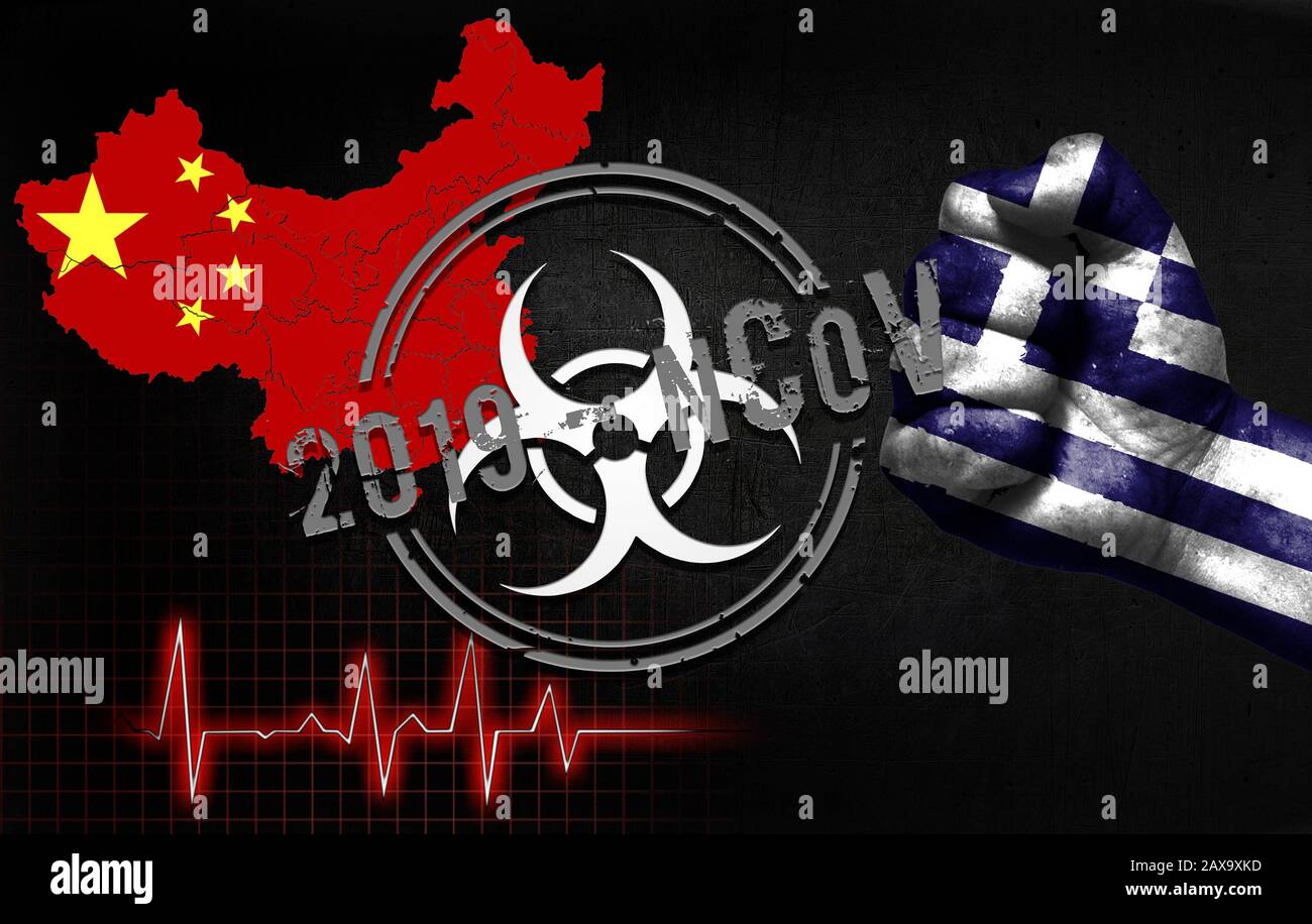 Le concept d'une épidémie en Chine avec un virus nommé 2019-COV, avec le drapeau de la Grèce sur le poing d'un homme. Banque D'Images