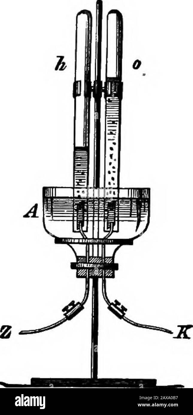 Un collège-livre de texte de chimie . être d'environ 30 cm. (1 pied) de long et 25 mm. (1 pouce) diam-eter interne. Elles sont d'abord remplies d'eau contenant un dixième de son volumede d'acide sulfurique, puis placées dans la bouche sous l'eau dans le récipient A.Les électrodes de platine sont maintenant rugueuses sous les tubes inversés. Les bouillonnants qui s'élèvent d'eux passent vers le haut dans les tubes, et l'eau sera préséddown. Peu à peu, l'eau sera forcée com-pletely hors de l'un des tubes, tandis que l'autre est encore à moitié pleine d'eau.Les substances ainsi collectées dans les thétubes sont des gaz invisibles. Après t Banque D'Images