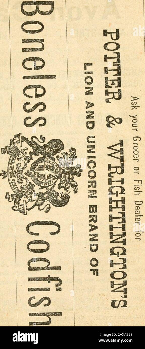 Guide authentique et complet et histoire de Boston .. . s & Canada exp.63. Watchman 29. Mauvaise herbe, otiche. et 90 €. Fauteuil Réglable Wilson 51. Wilkins, N. J 61. Wheeler & Wilson S. M. Co. .72.Zions Herald 31. Morue désossée.—Sous cette légende se trouve un article de luxe et de nécessité, et les femmes de ménage devraient garder à l'esprit que le meilleur et le plus fiable est la marque Lion et Unicorn, putée uniquement par MM. Potter et Wrikington. Pour la famille une boîte de ce poisson est plus souhaitable, car il est strictement pur morue-poisson, entièrement désossé, mis en place dans cinq boîtes de cinq livres prêt à forcer, raid CAN A. Banque D'Images