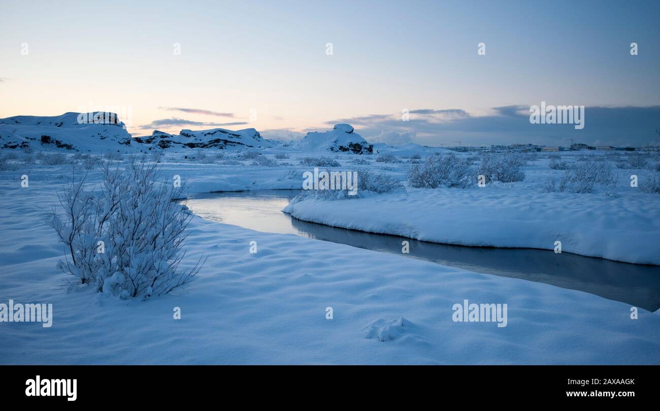 Paysage d'hiver, parc Heidmork, Reykjavik, Islande Banque D'Images